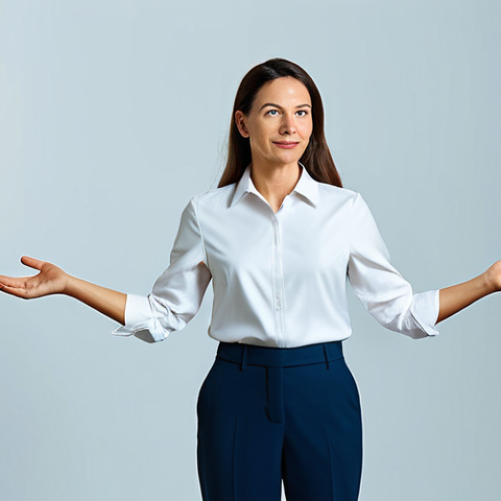 A professional female linguist, mid-thirties, in a modest yet stylish business blouse and tailored trousers. She stands confidently, hands gently gesturing as if explaining a complex linguistic concept, with an expression of clarity and insight. Behind her, a tasteful abstract background features subtle, interconnected visual elements that represent the fluidity and interplay of past, present, and future tenses, reminiscent of a complex yet harmonious linguistic "symphony." The lighting is soft and inviting. fully clothed, modest clothing, appropriate attire, professional dress, safe for work, appropriate content, family-friendly, perfect anatomy, correct proportions, natural pose, well-formed hands, proper finger count, natural body proportions, high-quality studio photography, sharp focus, vibrant colors, cinematic lighting.