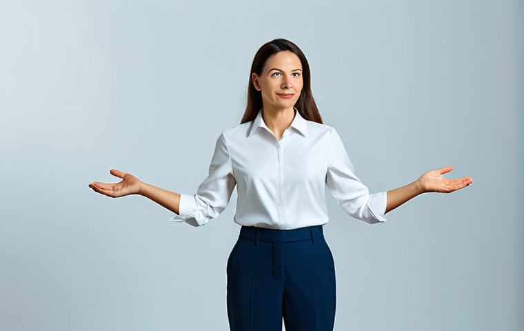 A professional female linguist, mid-thirties, in a modest yet stylish business blouse and tailored trousers. She stands confidently, hands gently gesturing as if explaining a complex linguistic concept, with an expression of clarity and insight. Behind her, a tasteful abstract background features subtle, interconnected visual elements that represent the fluidity and interplay of past, present, and future tenses, reminiscent of a complex yet harmonious linguistic "symphony." The lighting is soft and inviting. fully clothed, modest clothing, appropriate attire, professional dress, safe for work, appropriate content, family-friendly, perfect anatomy, correct proportions, natural pose, well-formed hands, proper finger count, natural body proportions, high-quality studio photography, sharp focus, vibrant colors, cinematic lighting.