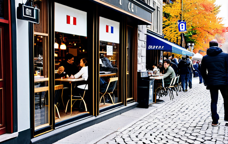 Busy Montreal Cafe Scene**

A bustling Montreal cafe, filled with patrons chatting and enjoying coffee. Baristas are serving customers. Everyone is fully clothed in casual, stylish attire appropriate for a cool autumn day. The scene includes Quebec flags and French signage. Safe for work. Professional photography, perfect anatomy, correct proportions, natural poses, well-formed hands, proper finger count, modest clothing.

**