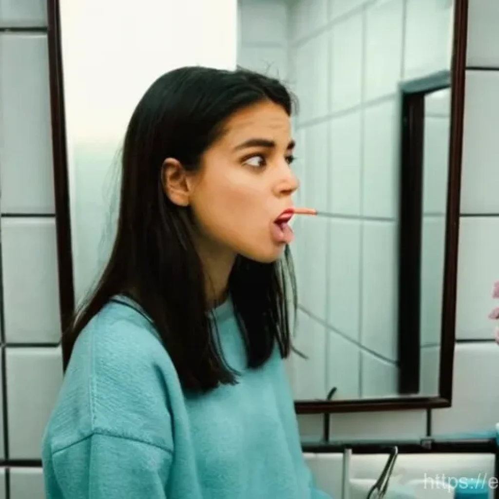 프랑스어 프랑스어 학습자의 공통적인 고민 - **Prompt:** A young woman, appearing to be in her early 20s, stands in front of a bathroom mirror, h...