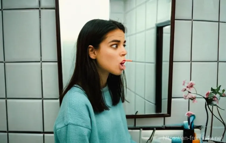 프랑스어 프랑스어 학습자의 공통적인 고민 - **Prompt:** A young woman, appearing to be in her early 20s, stands in front of a bathroom mirror, h...