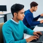 Home 20 TCF 프랑스어 능력 시험 - **Image Prompt: Focused TCF Exam Taker**
A realistic, well-lit, medium shot of a determined youn...