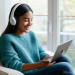 Home 19 프랑스어 리스닝 연습법 - **Prompt:** A young woman, early 20s, with a warm smile, sitting comfortably on a plush, modern armc...