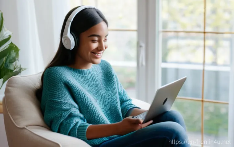 프랑스어 리스닝 연습법 - **Prompt:** A young woman, early 20s, with a warm smile, sitting comfortably on a plush, modern armc...