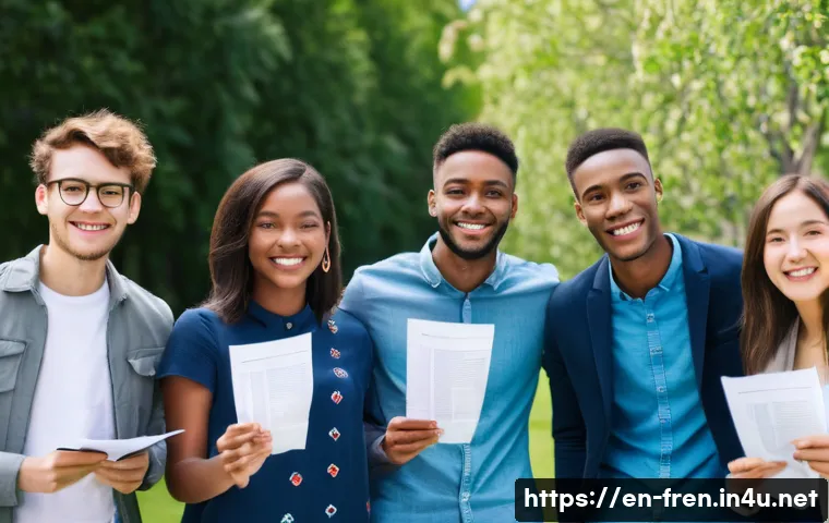 프랑스어 공인 시험 종류 - **Prompt:** A diverse group of young adults, aged 20-30, smiling brightly and raising their French l...