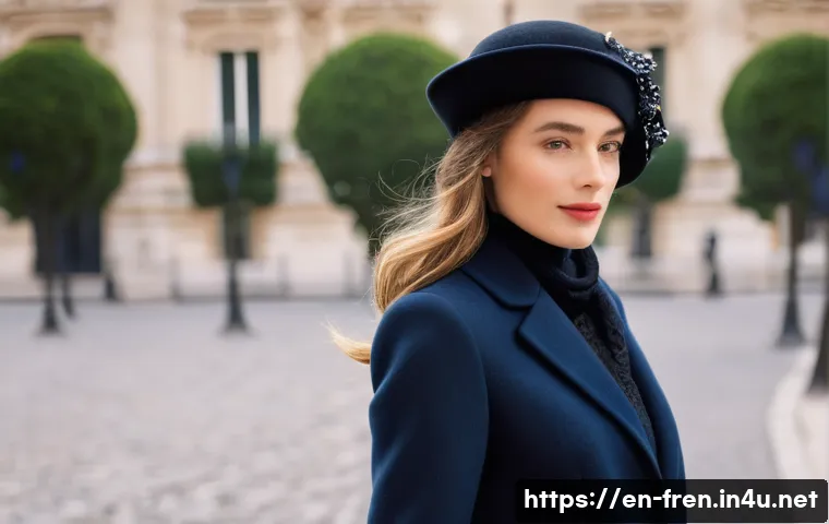 프랑스어 패션 용어 정리 - A sophisticated French woman standing on a Parisian street wearing a classic "tailleur" — a fitted, ...