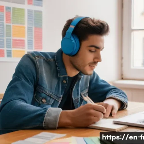 Home 15 프랑스어 초보자가 흔히 하는 실수 - A cozy, modern language learning setting featuring a young adult sitting at a wooden desk in a brigh...