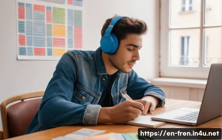 프랑스어 초보자가 흔히 하는 실수 - A cozy, modern language learning setting featuring a young adult sitting at a wooden desk in a brigh...