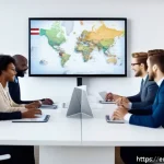 프랑스어 프랑스어 학습자의 커리어 전망 - A modern, bright corporate office scene showing a diverse group of professionals collaborating remot...