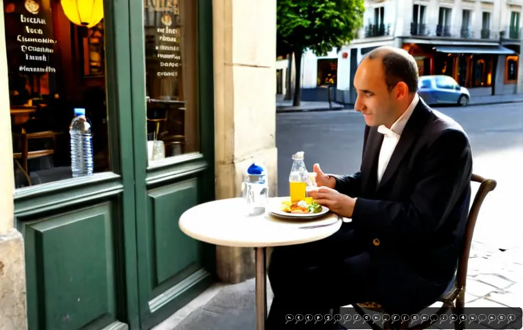 Home 15 프랑스어 프랑스어로 음식 주문하는 법 - Photorealistic Parisian bistro scene, an English-speaking traveler politely ordering a meal from a f...